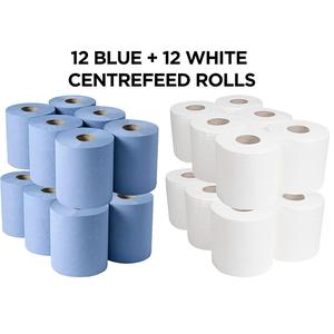 12 White Rolls + 12 Blue Rolls (24 Pack) 1200Mt 2ply Centrefeed,Campaign, Paper Towel, Cleaning, Office, Home, Toilet Flushable Eco-friendly Disposable Sustainable Family Wipes Kitchen eco-friendly bathroom