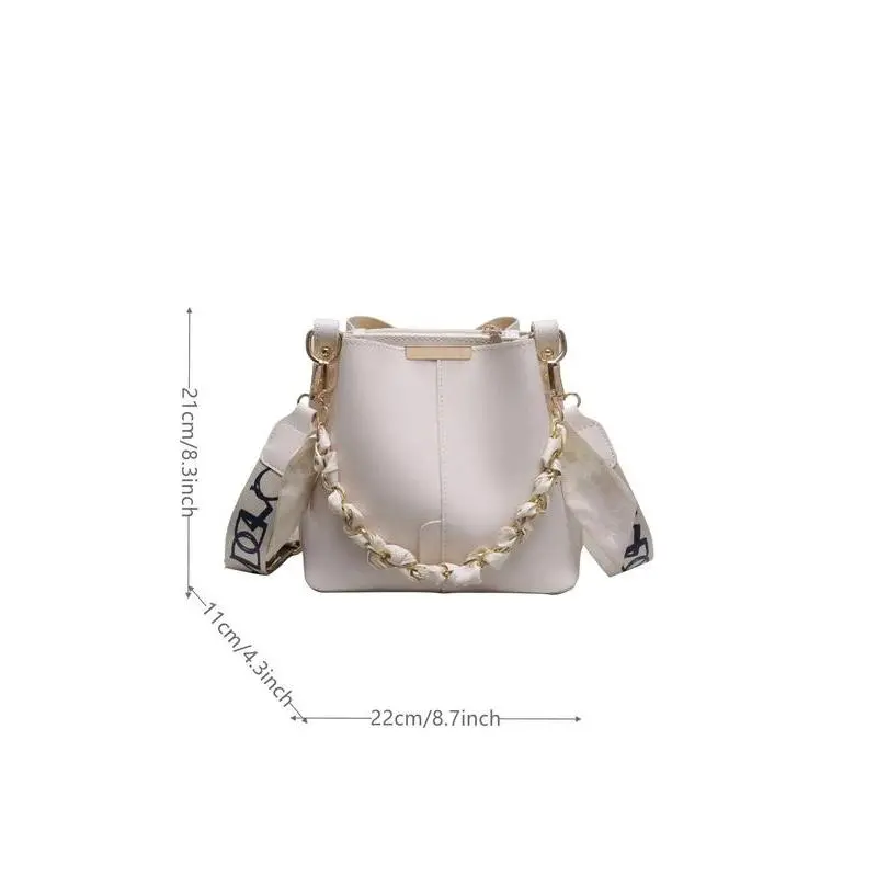 2025 new model Spring Chain Decorated Bucket Bag for Women, Solid Color Crossbody Bag with Silk Scarf, Minimalist Wide Strap Lux Bag for Women's Work & Daily Use Mother's Day Gift 5