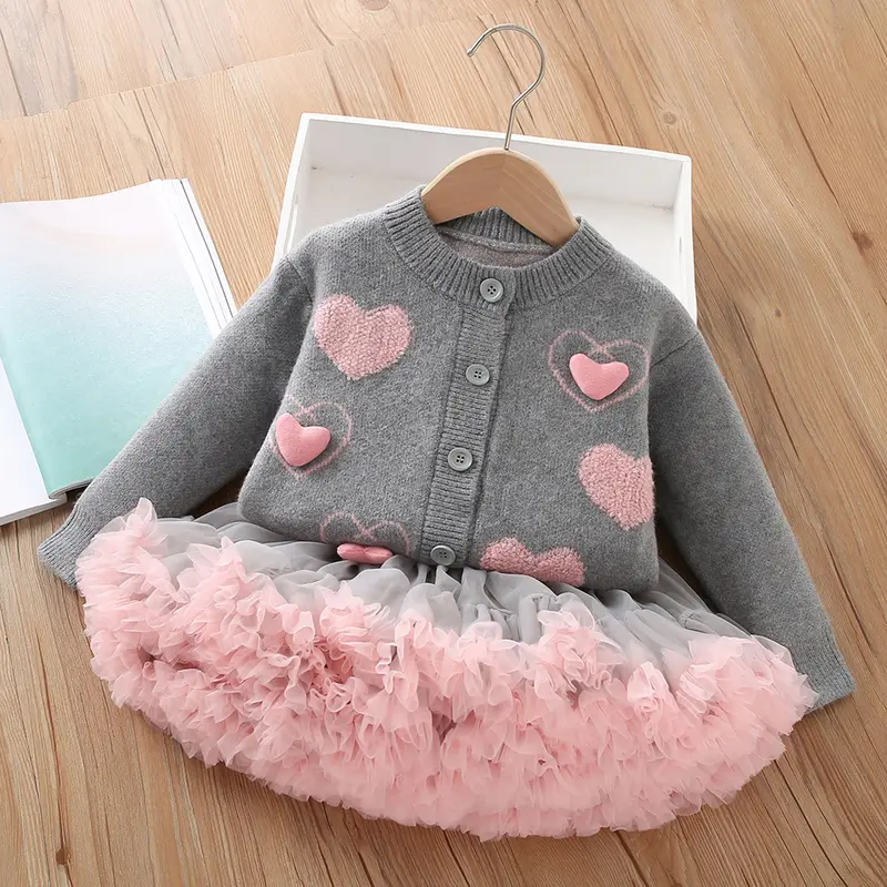 Spring Autumn Girls Clothing Set 2-6 Y Pink Heart Sweaters And Tulle Skirt 2Pcs Children's Knitwear Suit Kid's Outwear 5