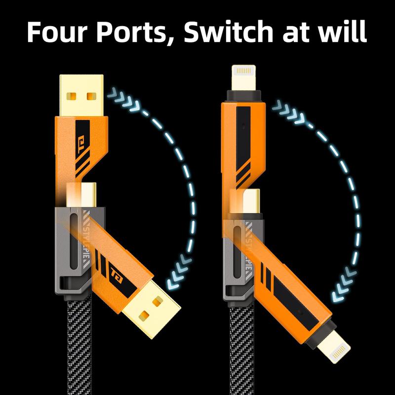 concepta london USB C to Lightning Cable [60W Fast Charging Data Sync] Nylon Braided iPhone iPad Charger Cable, Multi Charger Cable, 4 in 1 With Lightning/USB C/USB A Ports,  Yellow , Black Alloy Mobile Android Cord Devices Electronic Smartphone Cellphone 3