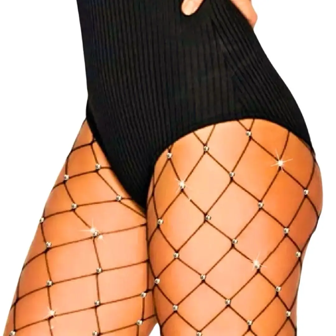 Women's Wide Rhinestone Fishnet Tights - Sparkly Crystal Diamond Pantyhose for Festivals - Womenswear, Comfortable