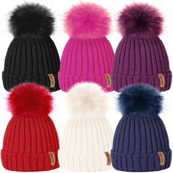 Girls Kids Knitted Beanie Ski Bobble Hat with Detachable Pom Pom Winter Warm Hat