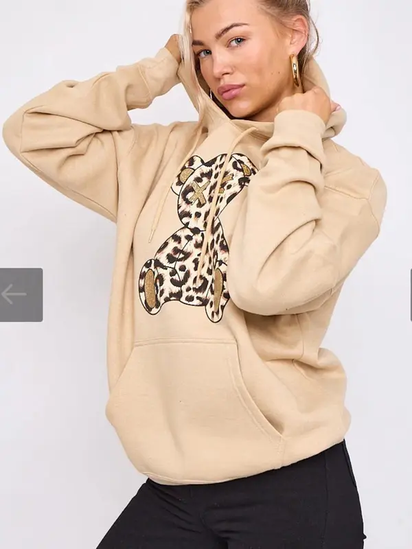 Ladies Long Sleeve Oversized Leopard Print Teddy Graphic hoodie sweatshirt Baggy jumper Dress Casual 4