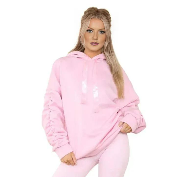 CRAZY LUXE Women's Ruched Sleeve Oversized Hoodie Ladies Ribbon Hoodie Jumper top Sizes 8-22 6