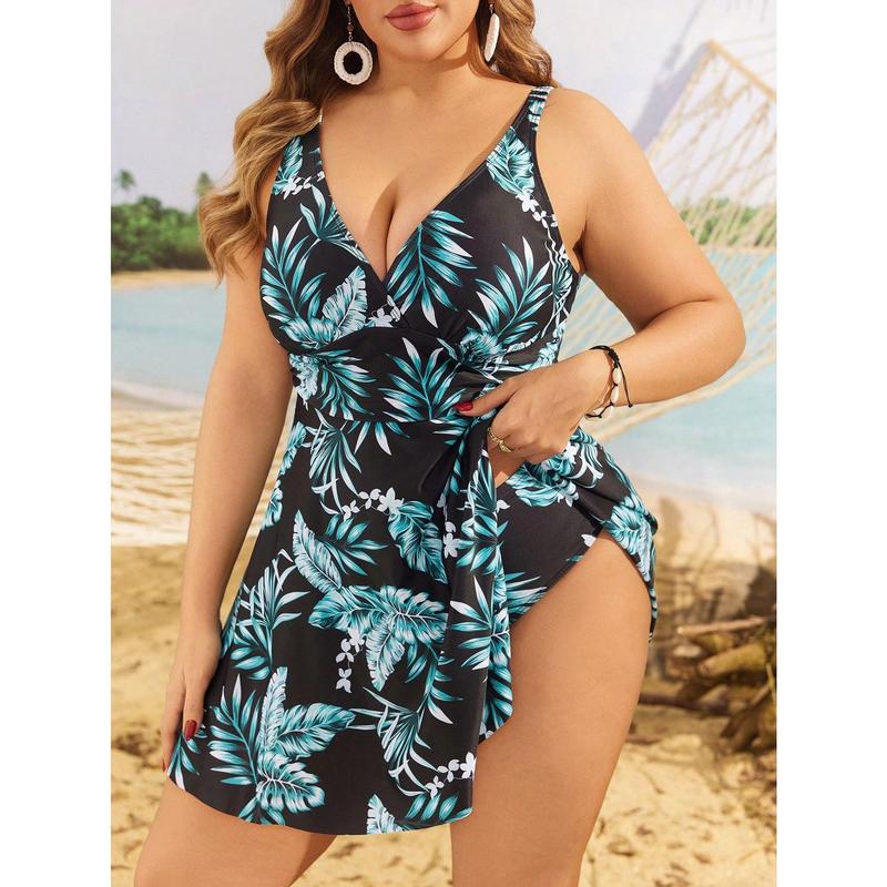 Swim Lushoire Plus Size Women Tropical Plant Print Tankini Swimsuit Set With Shorts Summer 0