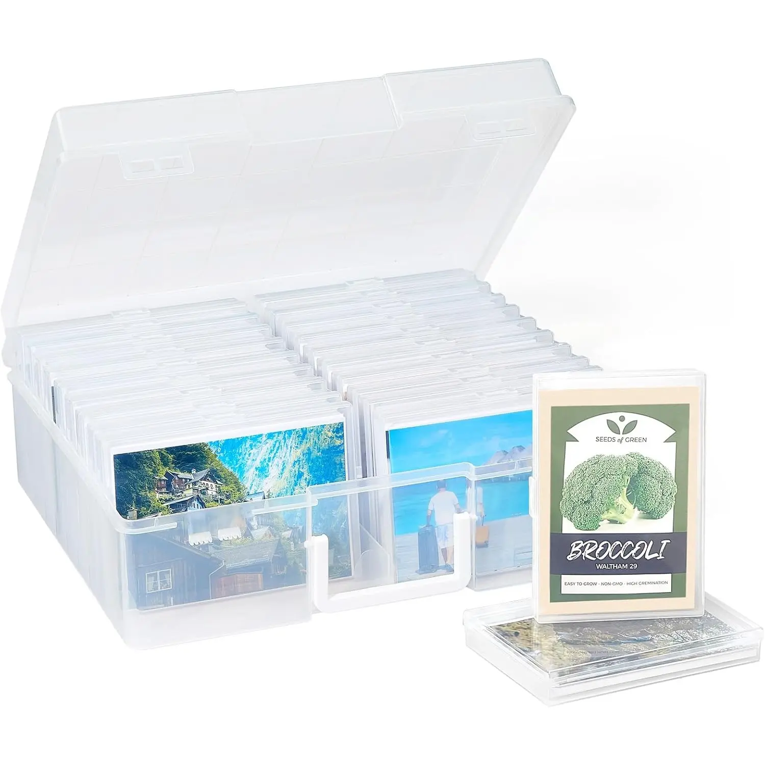 Clear 18 Inner Photo Keeper, 1 Pack, Photo Boxes Storage with 1 Sheet Label Sticker, Photo Storage Box 4X6 Photo Case, Seed Organizer Craft Storage Box for Cards Pictures Stamps Office Supplies, Trunks Container Slide