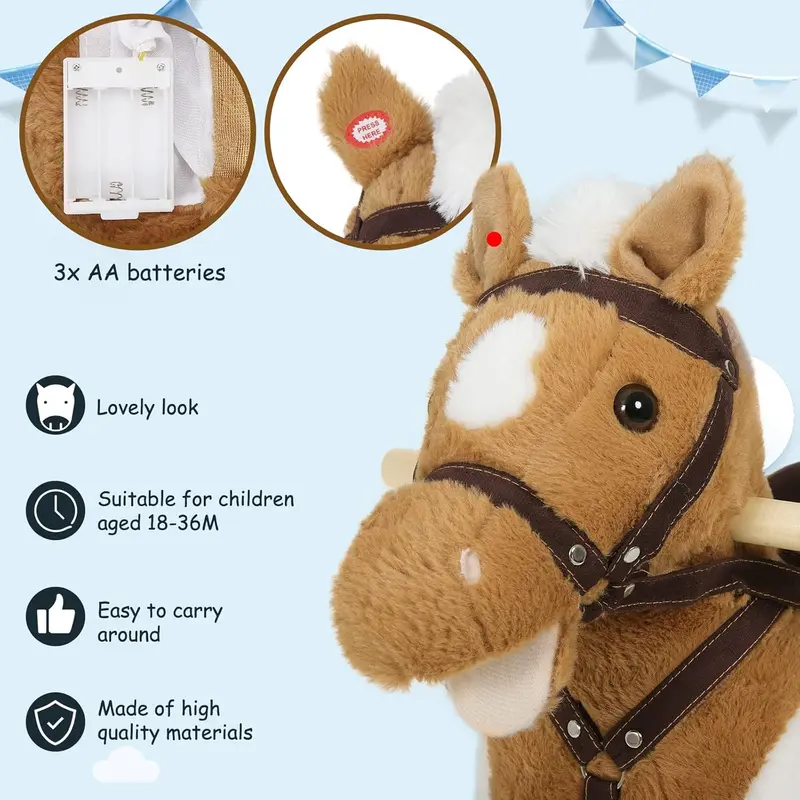 WOLTU Baby Rocking Horse Wooden Toddler Rocking Toy with Sound and Stirrups Plush Ride on Horse Kid Rocker Child Rocking Animal Gift for 1-3 Years Old, Brown, Seat Height 44cm, KSF003 4
