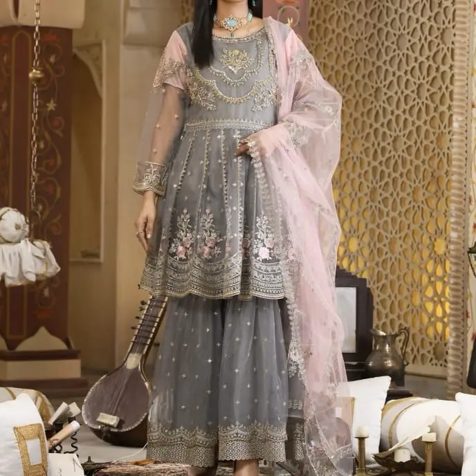 Zarqun Grey Sharara with Frock Embrodered with Pink Dupatta