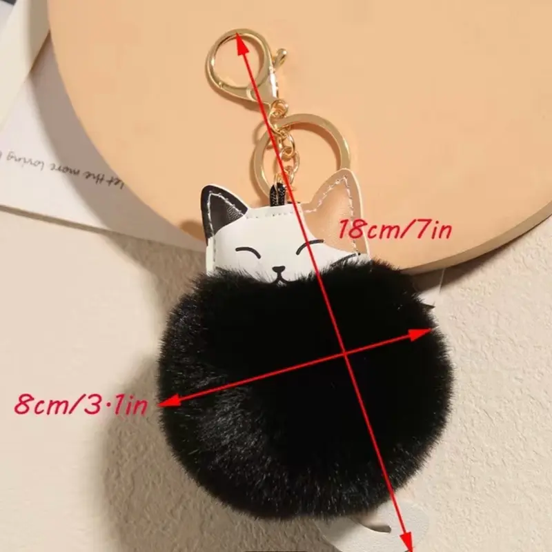 Fur Ball Lovely Smiley Cat Head Key Chain For Women's Bag Or Cellphone Or Car Pendant Cartoon Cat & Pom Pom Decor Bag Charm Key Ring 1
