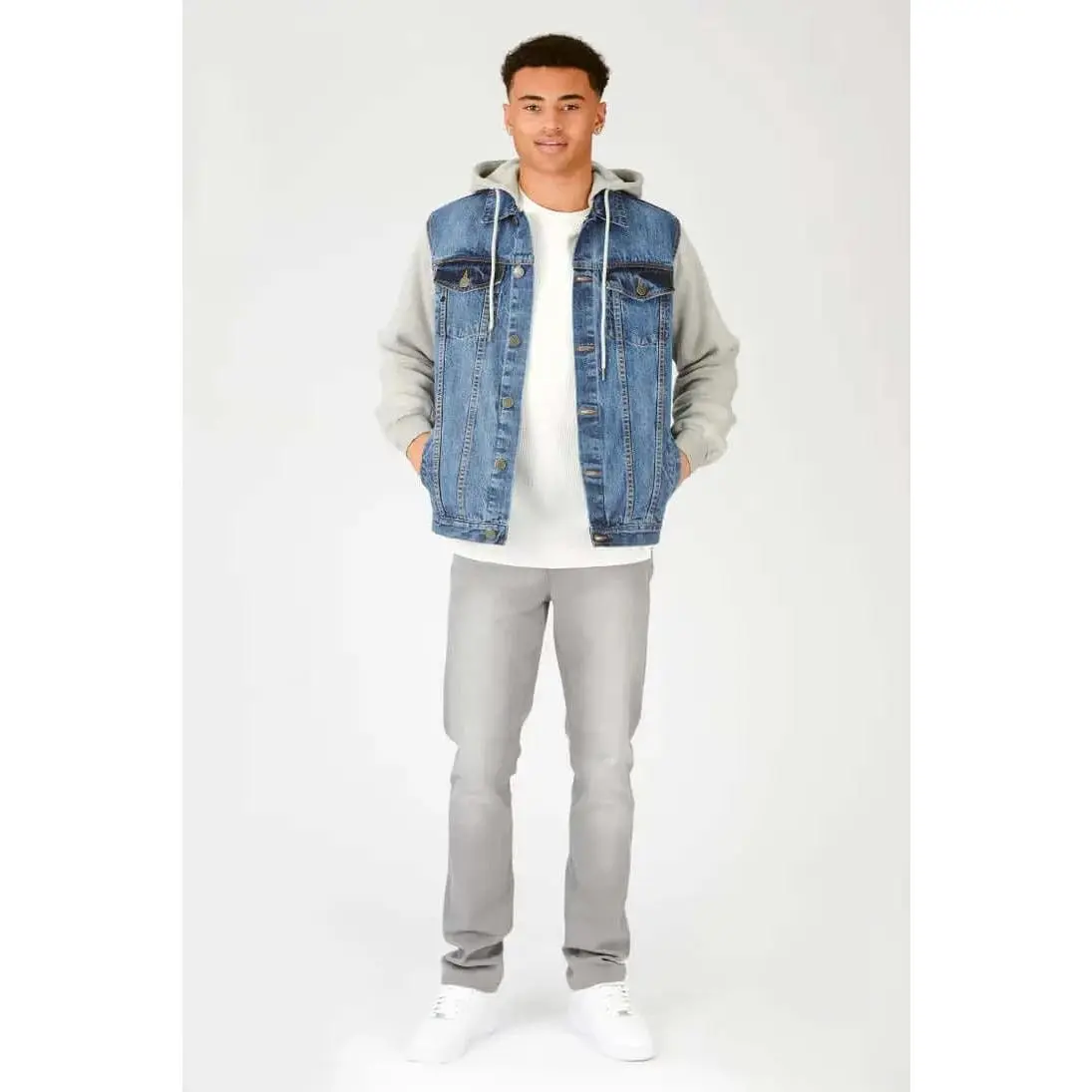 Hooded Fleece Denim Jacket - Mid Blue Wash