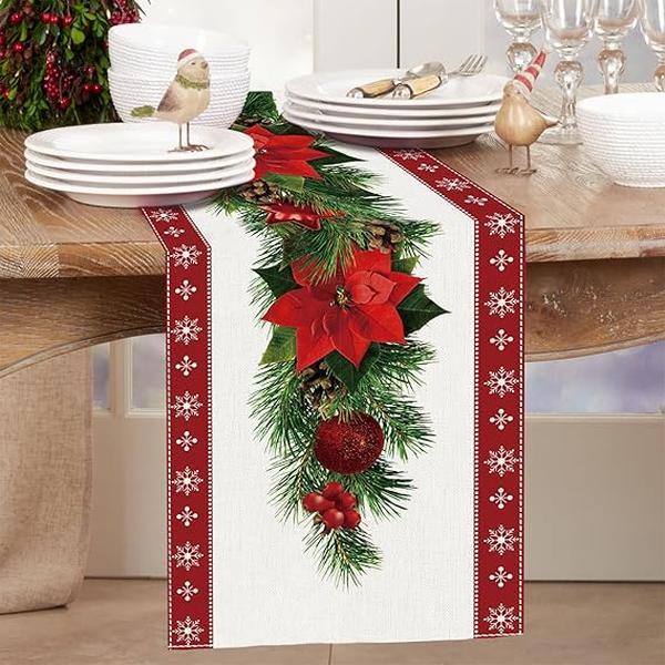 Red Christmas Table Runner 183 x 33cm, Christmas Table Runner Safflower, Red Linen Table Runner with Red Flower Christmas Tree Bells Print Table Runner for Xmas Santa Table Centrepiece Decorations 3