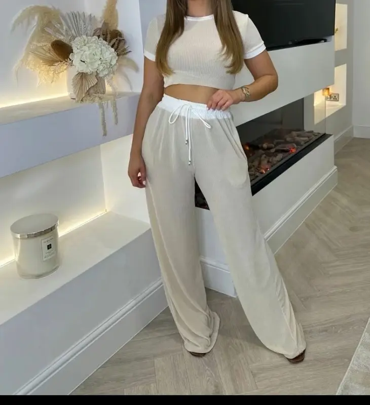 Women's Ladies Rib Contrast Trim Crop Top Plisse Wide Leg Trouser Lounge Wear Set 5