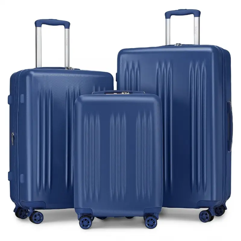 [MissLulu Bags] Box Design Expandable 20''/24''/28'' Sleek Striped ABS+PC Suitcase With TSA Lock And Four Spinner Wheels - Navy Blue 0