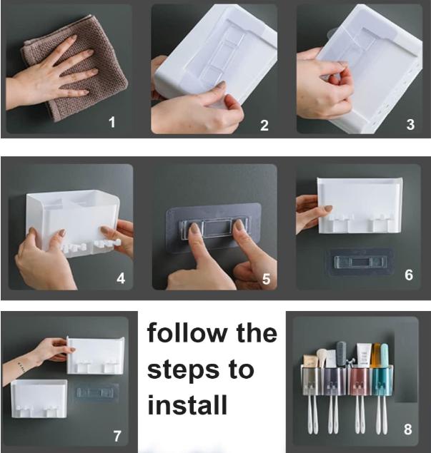 Toothbrush Holder Wall Mounted, Adhesive Toothbrush Holders, Multifunctional Bathroom Toothbrush Holder with 4 Cups and 4 Toothbrush Slots can Hold 8 Toothbrushs 5