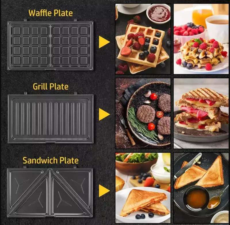 3-in-1, SANDWICH TOASTER WAFFLE MAKER IRON TOAST PANINI PRESS NON-STICK Interchangeable Non-Stick Cooking Plates, Waffle, Panini Press, Snack Maker, Toastie Sandwich Toaster, LED Indicator Lights, 750 W, Black 1