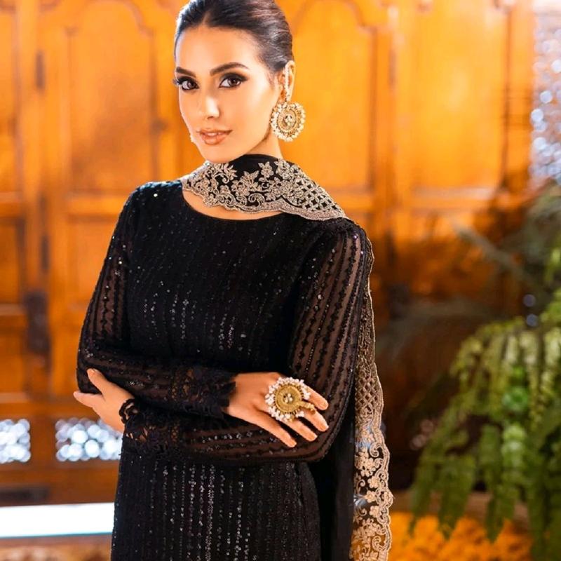 Elegant Black Womens Shirt Dress with Heavy Embroidery and Pure Chiffon Duppata and Trouser Comfort Fabric Traditional Clothing Original Womenswear 2