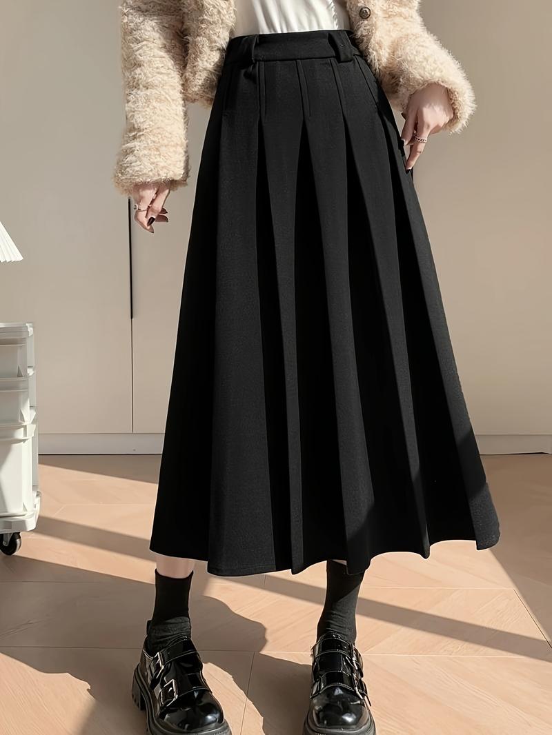 Product Introduction of Chic A-Line Pleated Midi Skirt - 100% Polyester Solid Color Woven Fabric, Beltless Design for Fall/Winter Fashion, Stylish and Comfortable Wear for Women 0
