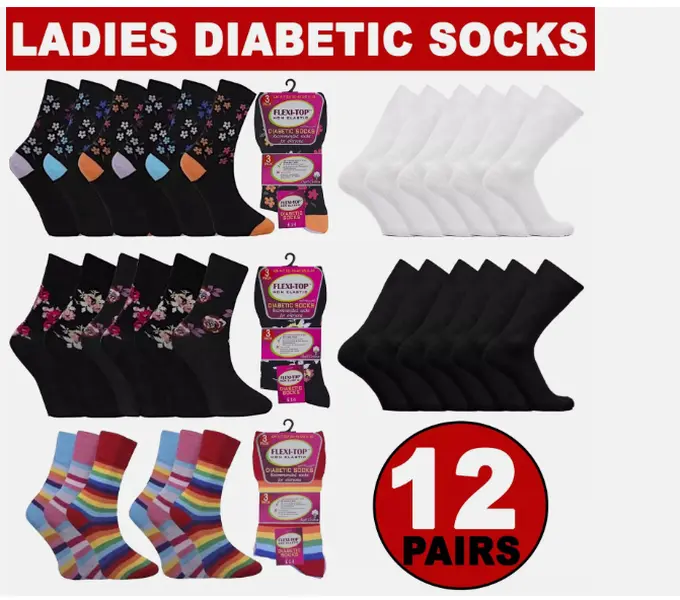 Ladies Diabetic Socks 3/6/12 Pairs Non Elastic Loose Top Gentle Grip Cotton Sock