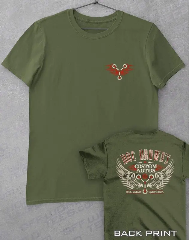 Doc Brown's Custom Autos with Back Print T-Shirt 3