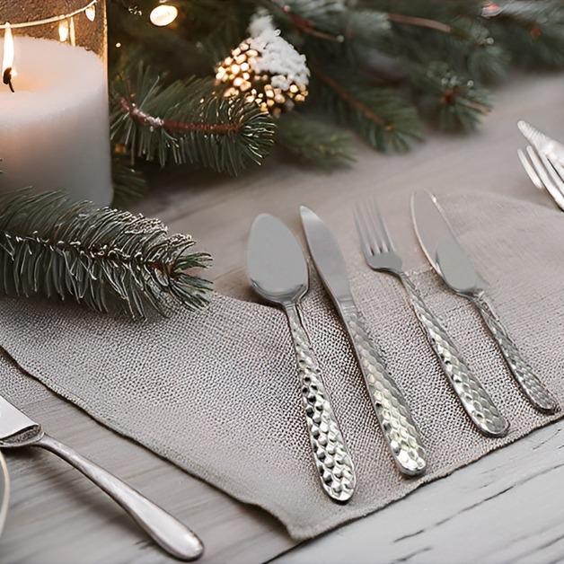 Lunalux Hammered Silver Cutlery Set - 16-Piece Stainless Steel Flatware for Stylish Meals - Fork Tableware Aesthetic 5