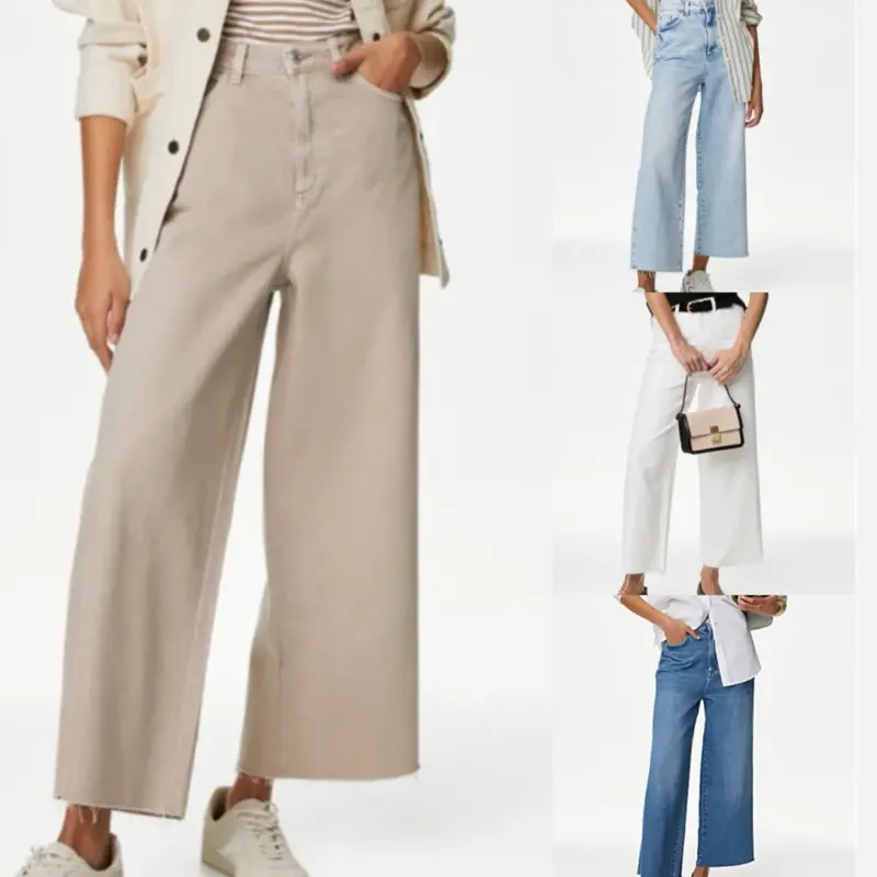 Lyocell Cotton Wide Leg Jeans Bermuda High Waist Comfort Denim Trouser Cargo Utility Pants Girls Relaxed
