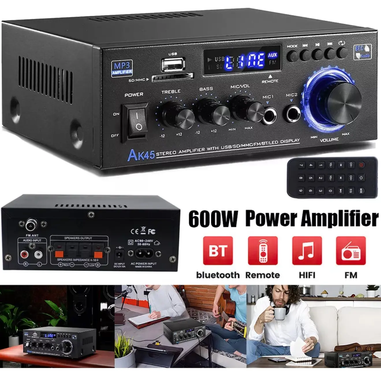 600W bluetooth Stereo Amplifier Amp HIFI Audio Radio 2CH USB AUX FM Smart