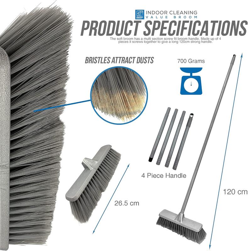 Broom (Grey, 120cm) - Perfect for Laminate, Vinyl or Wooden Floor, with Multi-section Handle and Flagged Bristle Brush Caravan Cleaning Kitchen Sweep 4