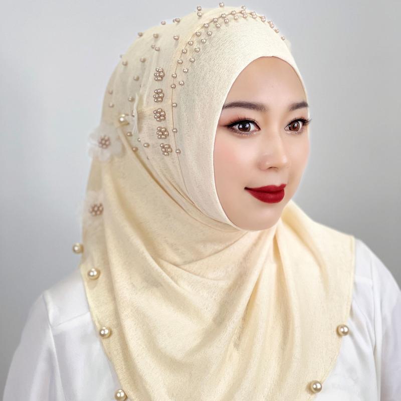 Luxurious Pearl Flower Instant Hijab - Soft, Breathable, Solid Color Pullover Bandana for Casual Outdoor Sunscreen and Head Wrap - Elegant, Comfortable, and Versatile Fashion Accessory 7