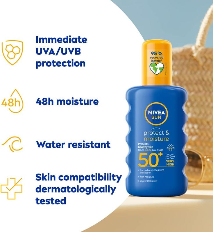NIVEA SUN Protect & Moisture Sun Spray SPF 50+ (200ml), Moisturising Suncream Spray with Vitamin C and Hyaluron, Immediate UVA/UVB Protection, Fast-Absorbing No White Cast Formula Body Care Sunscreen Lotion Cosmetic 1