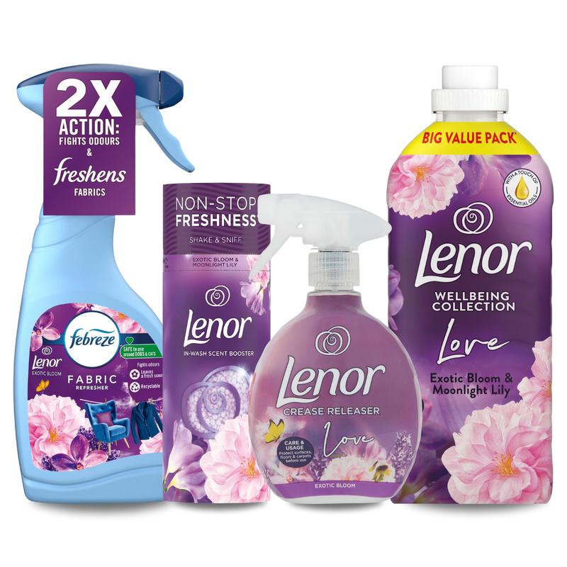 Product Introduction of Lenor Exotic Bloom Bundle Pack – Febreze Fabric Spray, Scent Booster, Crease Releaser & Fabric Conditioner – Long-Lasting Freshness & Odour Elimination Household Perfume Scented 1