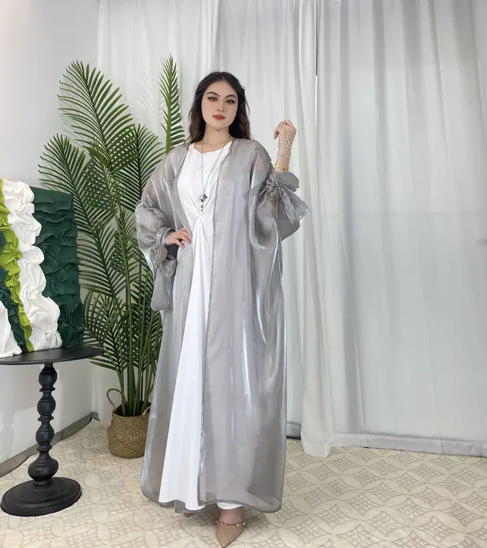 Open abaya Organza Abaya, Shiny Silk Abaya Muslim Long Women Dress 1