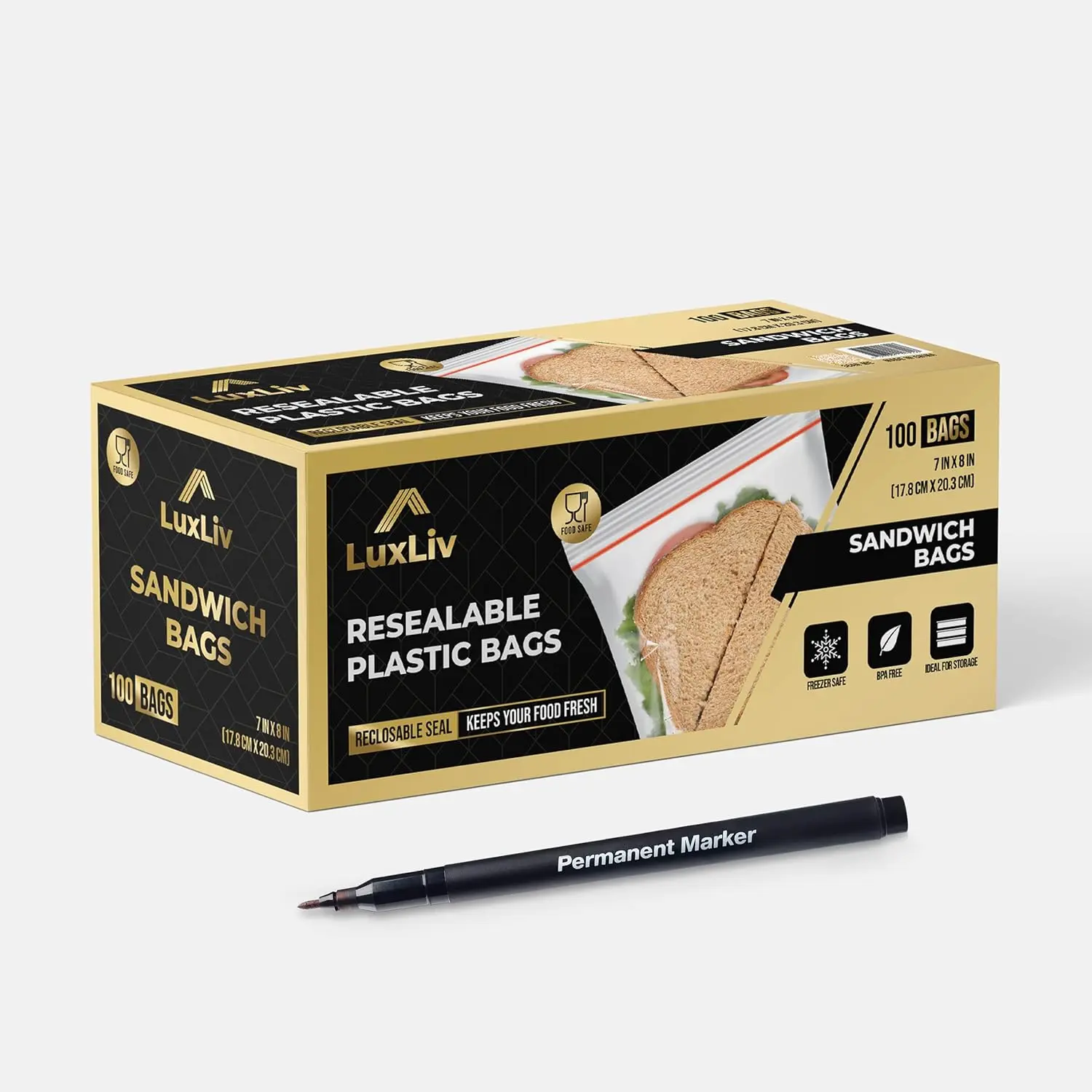 100 x LuxLiv  Plastic Sandwich Bags & Pen – Premium Zip Food Bags – Lunch Bags Ziplock Bags Closure – 100 Snack Bags – 7 x 8-inch Freezer Bags – Non-BPA Plastic – Reusable Bags