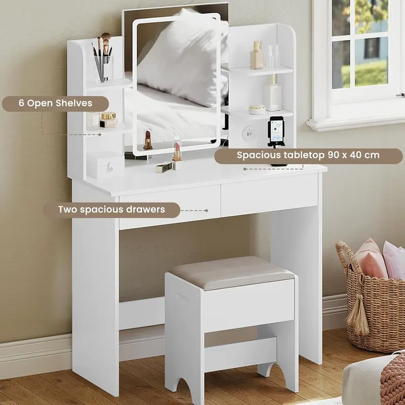 WOLTU Dressing Table with Dimmable LED Lights, Vanity Desk with Mirror & 2 USB Charging Ports, Makeup Table with 2 Drawers and Open shelves, Wooden Bedroom Dresser, White, MB6112ws clear  vanity 2
