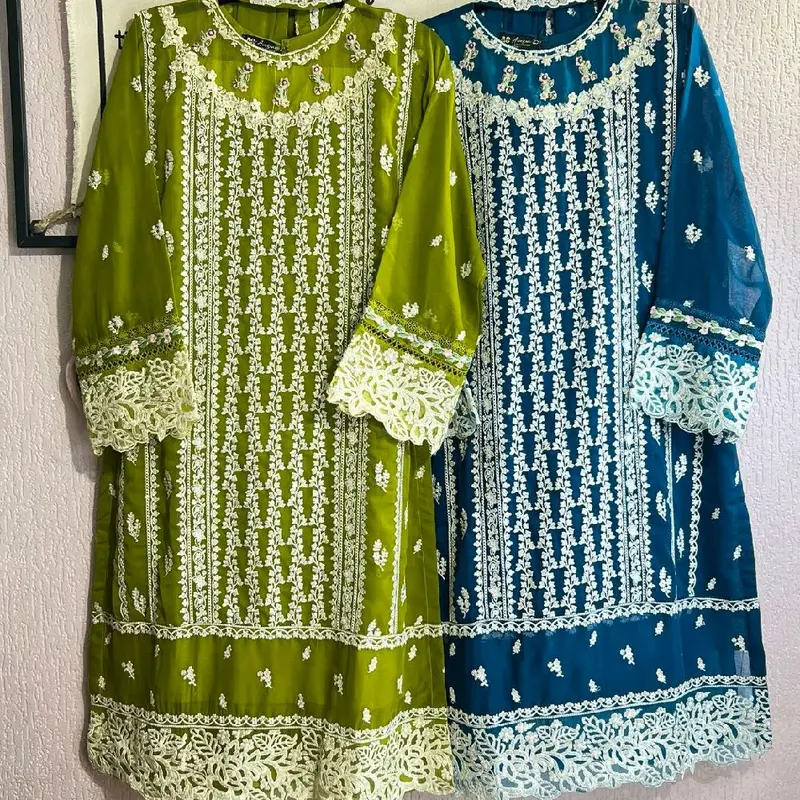 Aghanoor inspired 3pc fully heavy embroidered Chiffon Dress with silk trouser.. 7