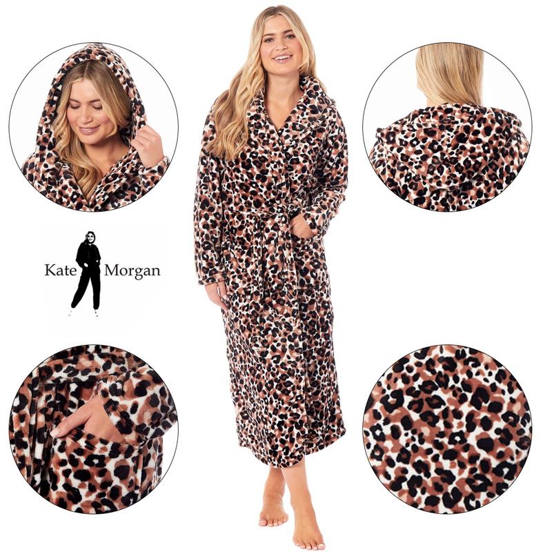 KATE MORGAN Womens Hooded Dressing Gown Loungewear Fleece Robe Leopard Ideal Ladies Gifts UK sizes 8-10 12-14 16-18 20-22 4