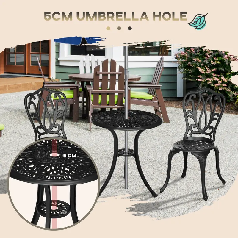 Outsunny 3 Piece Garden Bistro Set, Cast Aluminium Outdoor Furniture Set with Umbrella Hole for Balcony, Porch, Patio 3