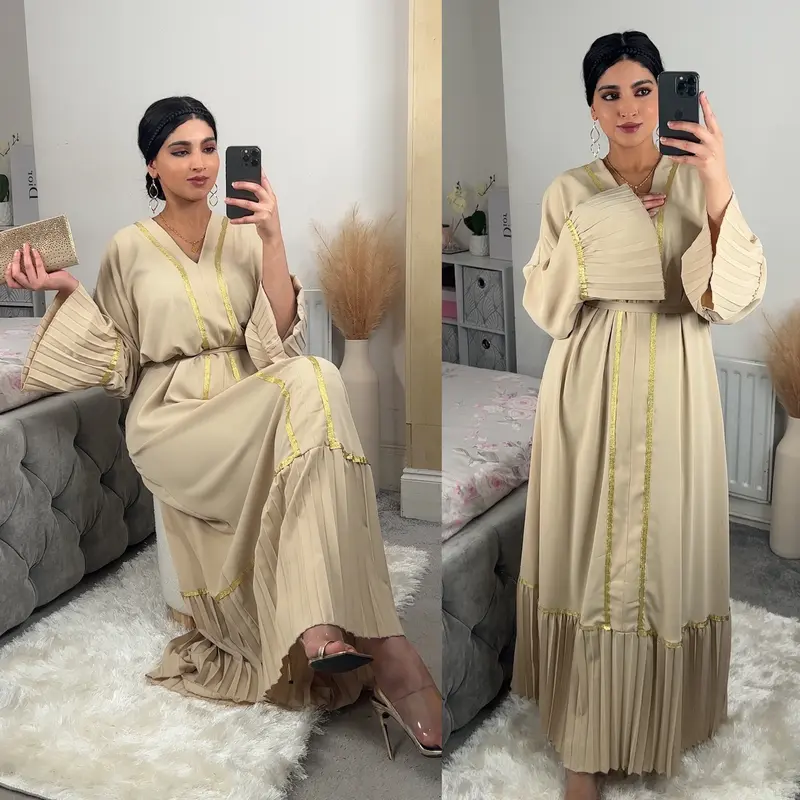 Women's Gold Trim Abaya V-Neck Bell Sleeve Pleat edge Belted Maxi dress, Modest Fashion, Arabian Islamic Clothing, One Size 10 to 14 1