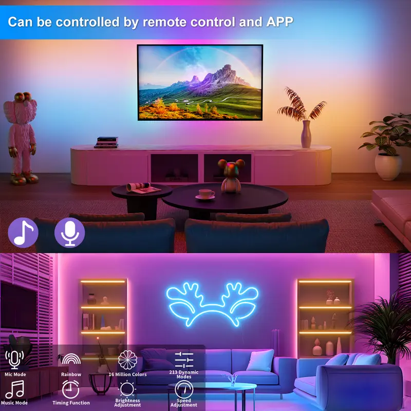 5V LED Strip Lights Bluetooth RGBIC Neon Strip Remote Control With Music Sync DIY Bedroom Home Decoration Changing Ambient Light 2
