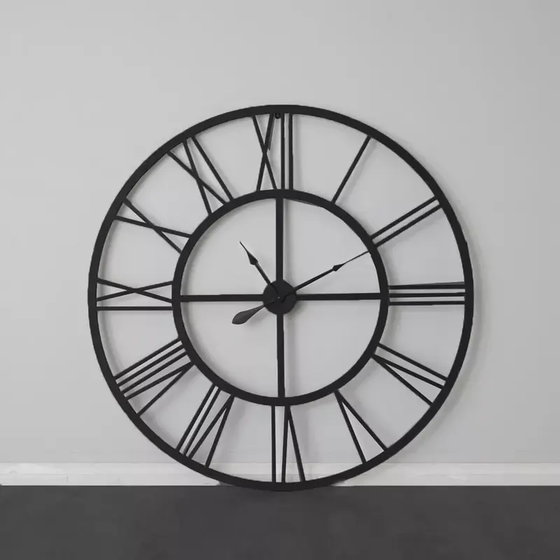 Large Black Metal Wall Clock with Vintage Look and Silent Roman Numerals for Home Decor 6