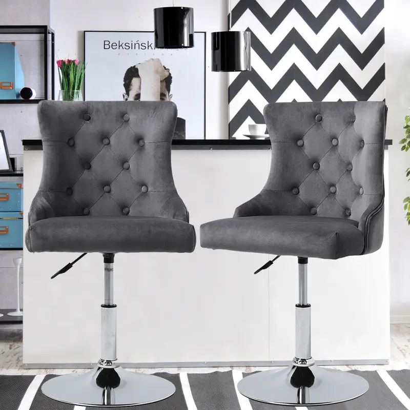 Livingandhome Modern Velvet Upholstered Adjustable Bar Stool with Polished Chrome Base 1