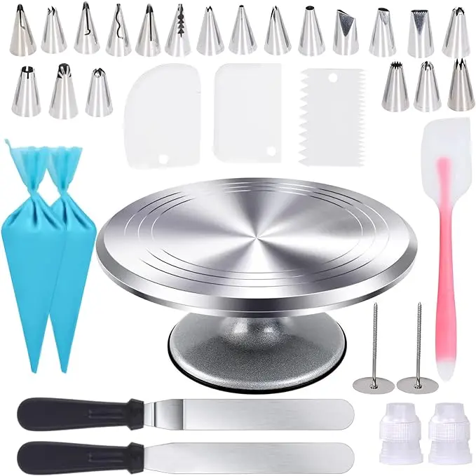 12" Rotating Cake Turntable Stand – Heavy-Duty Aluminum Cake Decorating Set with 33-Piece Accessories (Piping Nozzles, Spatulas, Scraper, Icing Smoothers) – Non-Slip, Stable & Food-Safe for Professional Baking and Cake Decoration