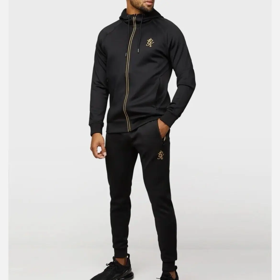 Gym King Tracksuit Black & Gold Top Bottoms Reflective