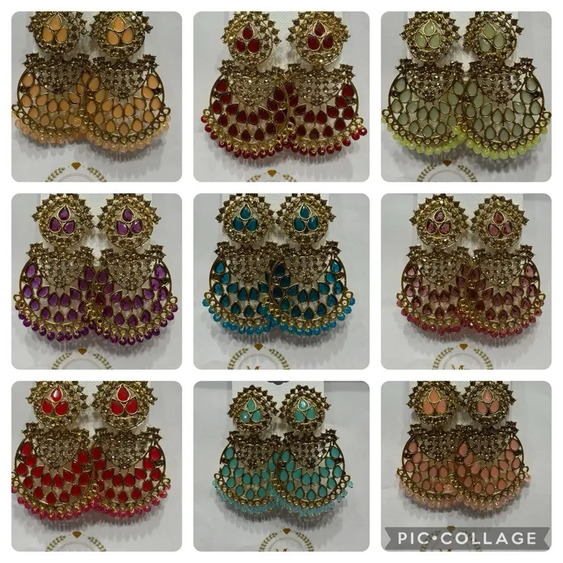 E1698 Mix Earrings Stone Colours Gold Party Wear Gift Asian
