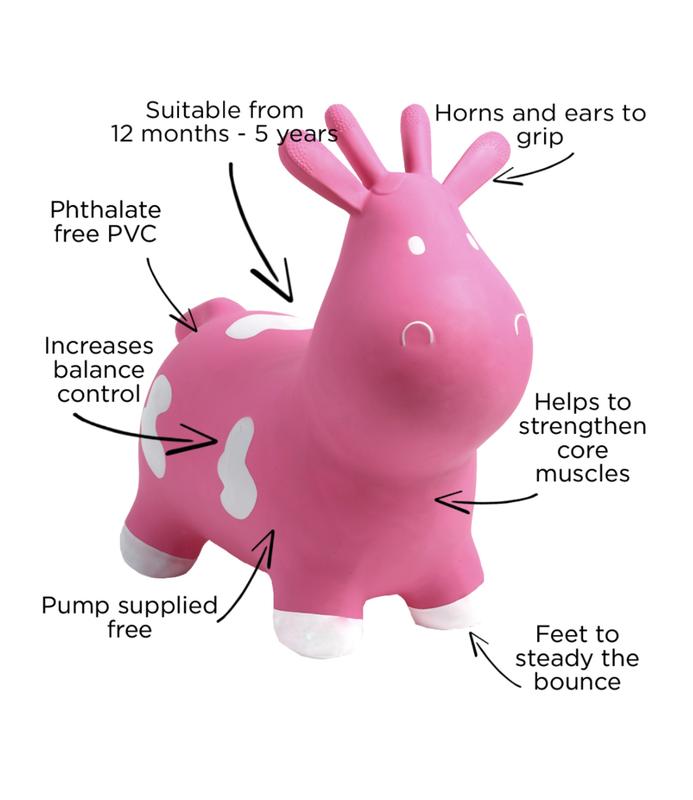 Pink Cow - Happy Hopperz Children Toy for Boys and Girls. Our kid's toy is perfect for muscle and core development, an educational toy, or a kids' gift. This pink animal hopper is great for hours of endless fun and can be used as an outdoor or indoor toy. 1