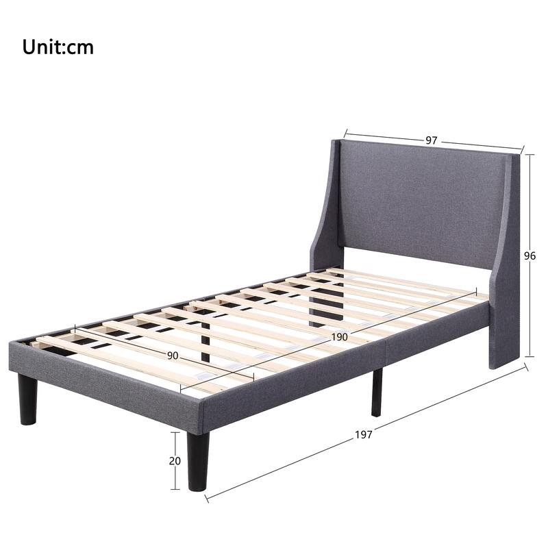 Single Bed Soft Linen Grey 3FT Upholstered Bed with Winged Headboard, Wood Slat Support 8