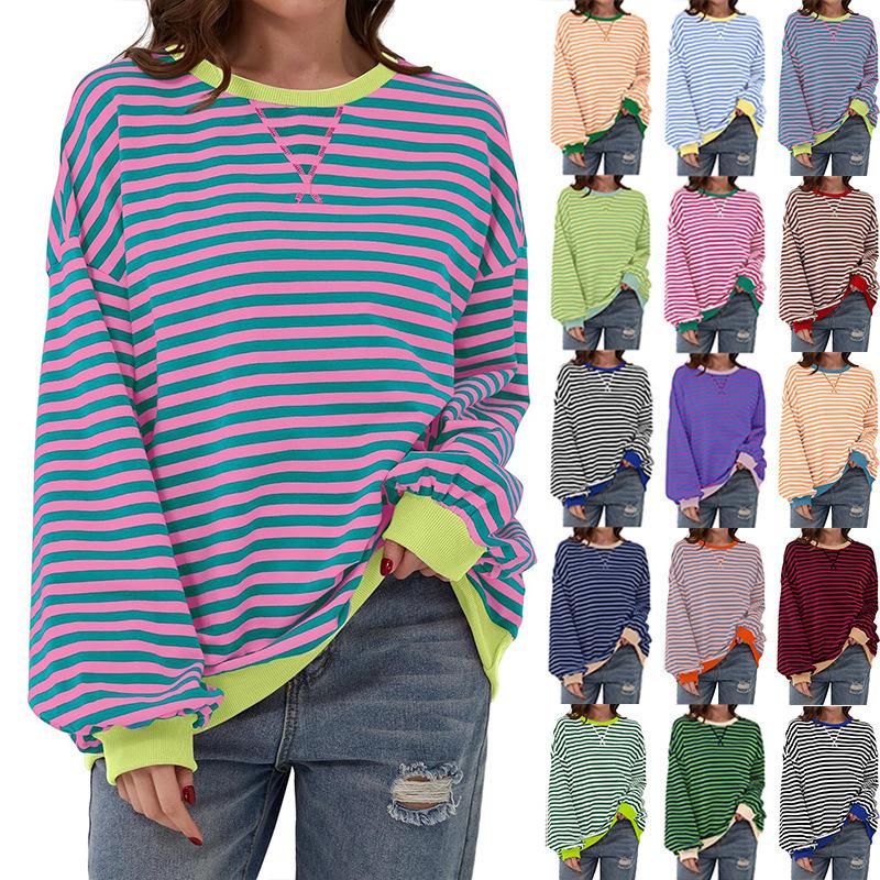 Product Introduction of Women's Colorblock Striped Print Contrast Binding Drop Shoulder Sweatshirt, Casual Long Sleeve Round Neck Pullover for Fall & Winter, Ladies Clothes for Daily Wear, Tops for Women Womenswear Hoodie Bridal Comfort Crewneck Baggy Loose 5