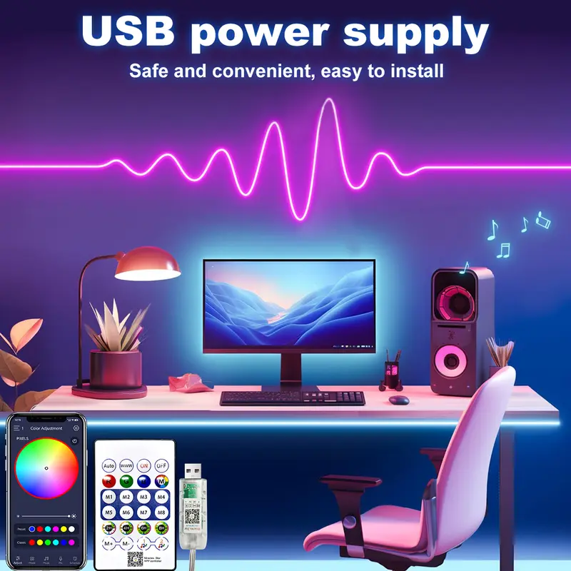5V LED Strip Lights Bluetooth RGBIC Neon Strip Remote Control With Music Sync DIY Bedroom Home Decoration Changing Ambient Light 8