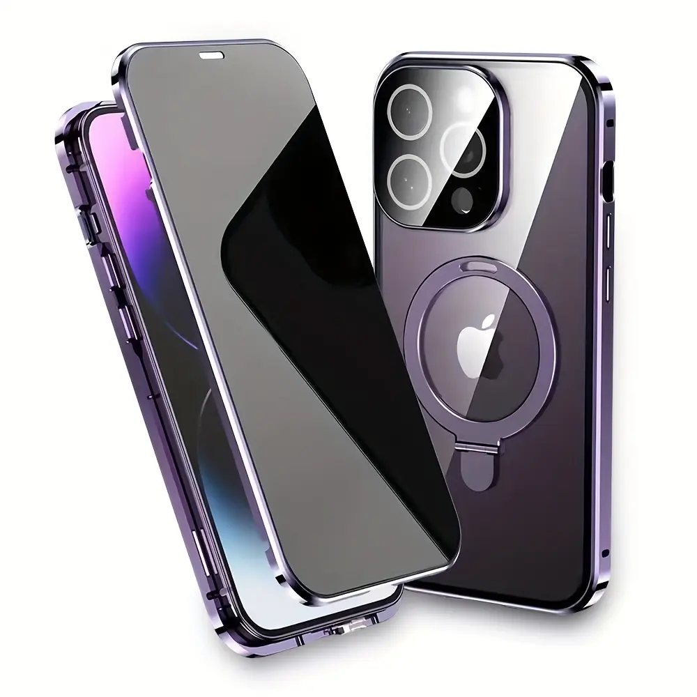 [Magnetic Phone Case] Magnetic Double-Sided Glass Privacy Phone Case for Iphone 12, 13, 14, 15, And 16 Pro Max Plus, Featuring Security Lock, Magsafe Compatibility, Stand, and Camera Lens Protection