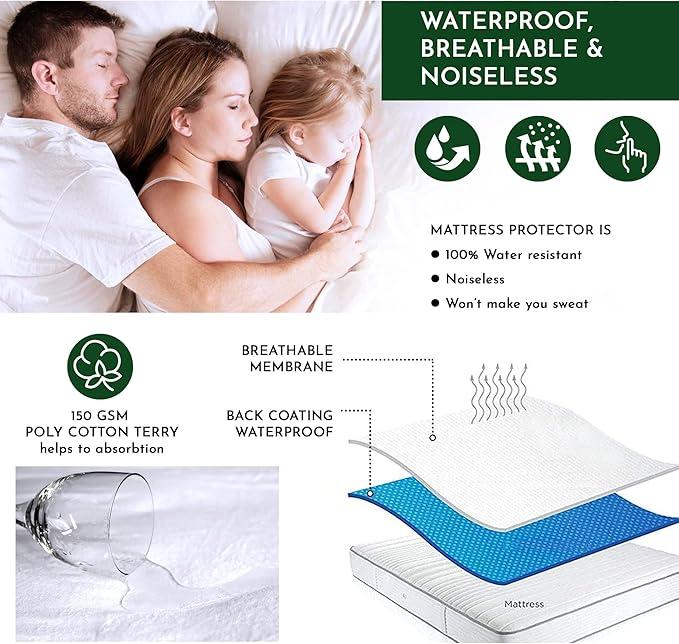 100% Waterproof Mattress Protector | Soft Terry Towel Cotton Mattress Cover | Anti Allergy, Noiseless, Super Absorbent and Breathable | Extra Deep 40 cm Fitted Style Skirt | Machine Washable Mattress Cover all Sizes | 3