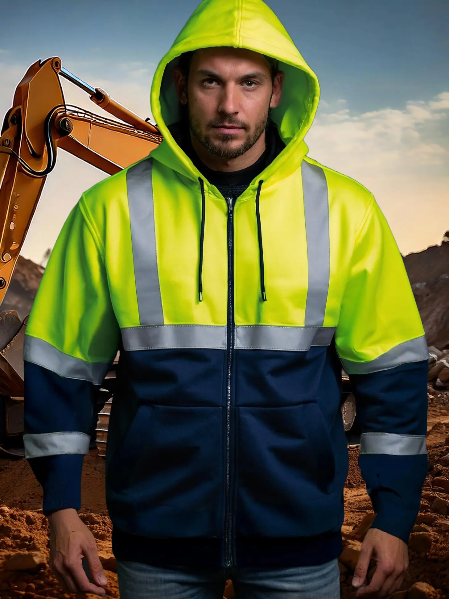 Mens Fleece Hi Vis Zipper Yellow Hoodie - Menswear Workwear Long Sleeve Uniform - Builders Two Tone Hooded  Sweatshirt Menswear
